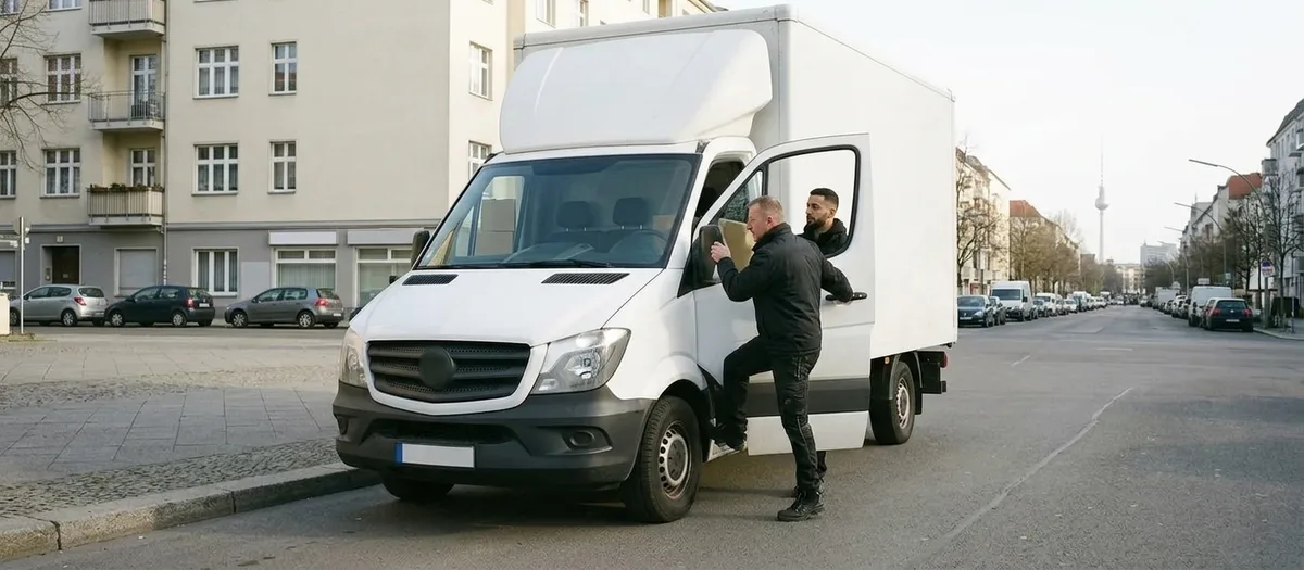 Weißer Kofferwagen von vorn auf einer Berliner Straße, ein Träger steigt in die Fahrerkabine, im Hintergrund der Fernsehturm