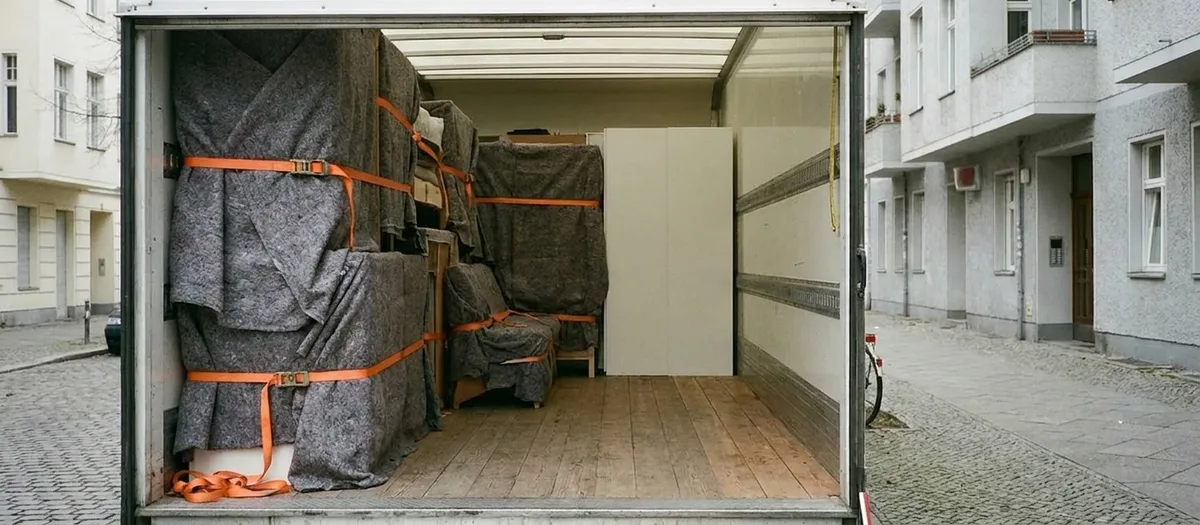 Laderaum eines Kofferwagens, links mit gegurteten Möbeln beladen, rechts freier Holzboden