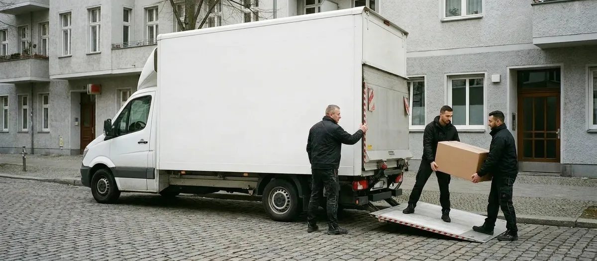 Drei Träger in dunkler Arbeitskleidung an ihrem weißen Kofferwagen mit heruntergelassener Ladebordwand auf einer Kopfsteinpflasterstraße