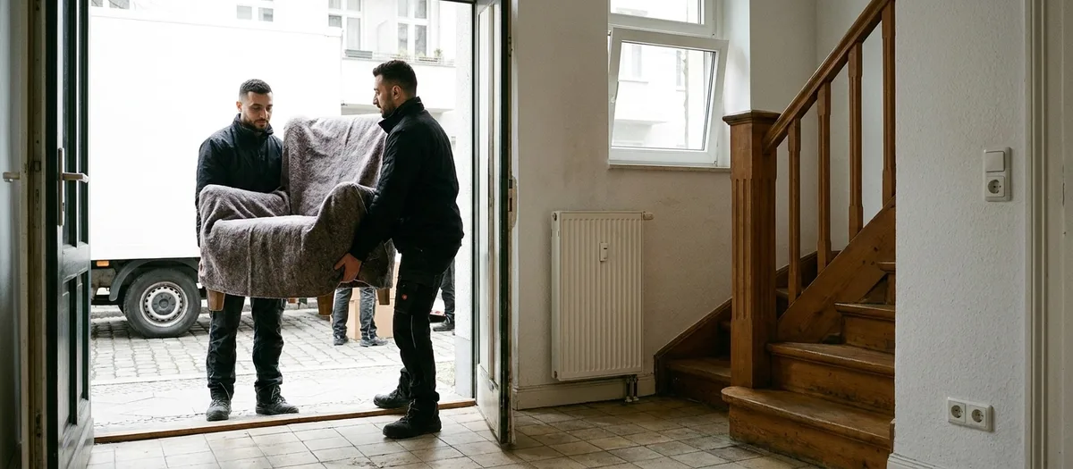 Zwei Träger tragen einen eingewickelten Sessel durch die offene Haustür in einen Altbauflur mit Holztreppe