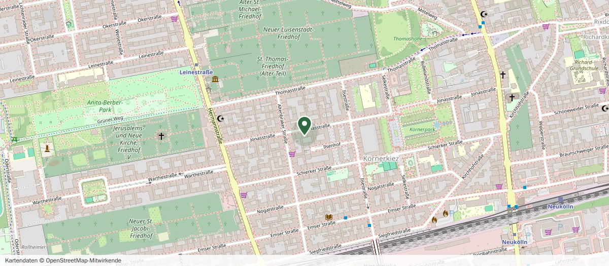 Kartenausschnitt mit der Jonasstraße 46 in Neukölln und dem Körnerpark